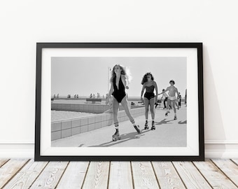 Vintage Photo - 1970&#39;s Women Roller Skating at the Beach  - Photography, Black & White, Wall Art, Bar Art, Decor, Print