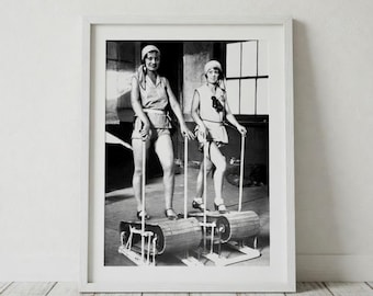 1920s Women Fitness Treadmill Vintage Photo – Black & White Wall Art Print