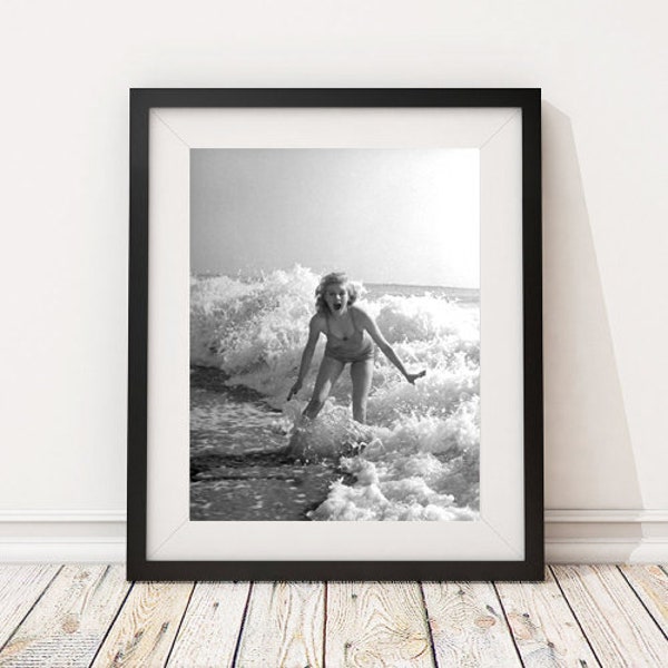 Vintage Photo - 1940's Starlet Marjorie Woodworth frolicking in ocean surf - Photography, Black & White, Wall Art, Bar Art, Decor, Print