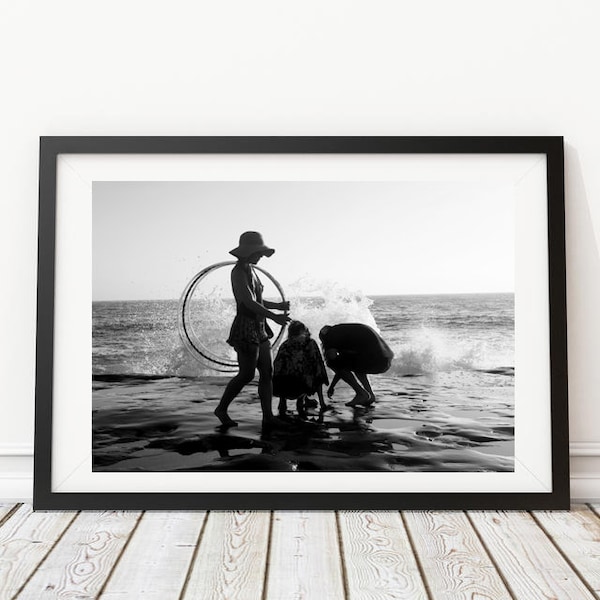 Vintage Photo - Kids at the Beach with a hula hoop California - Photography, Black & White, Wall Art, Home Decor, Print