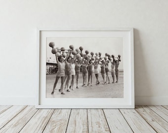 Vintage Women Lifting Weights Photo – 1930s Beach Fitness Art Print