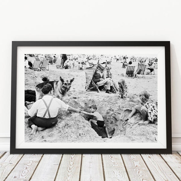 Vintage Photo - 1960's Family with dog at the Beach - Photography, Black & White, Wall Art, Home Decor, Print