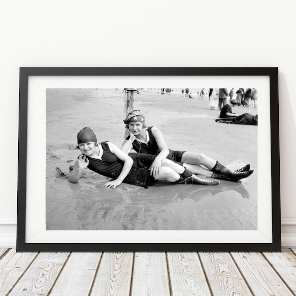 Vintage Photo - Women Girls Ocean Beach Sand 1920's Bathing Suit - Photography, Black & White, Wall Art, Speakeasy, Bar Art, Decor, Print