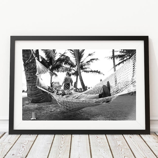 Vintage Photo - 1970's Guy in a Hammack on the Beach - Photography, Black & White, Wall Art, Home Decor, Print