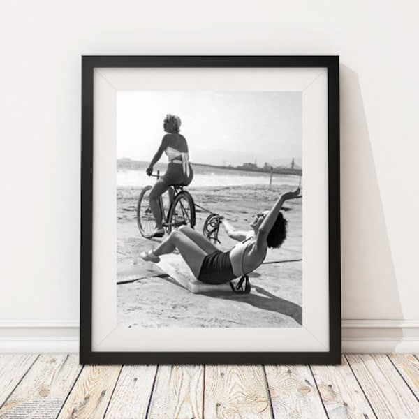 Vintage Photo - 1950's Women Biking and Surfing on the Beach - Photography, Black & White, Wall Art, Bar Art, Decor, Print