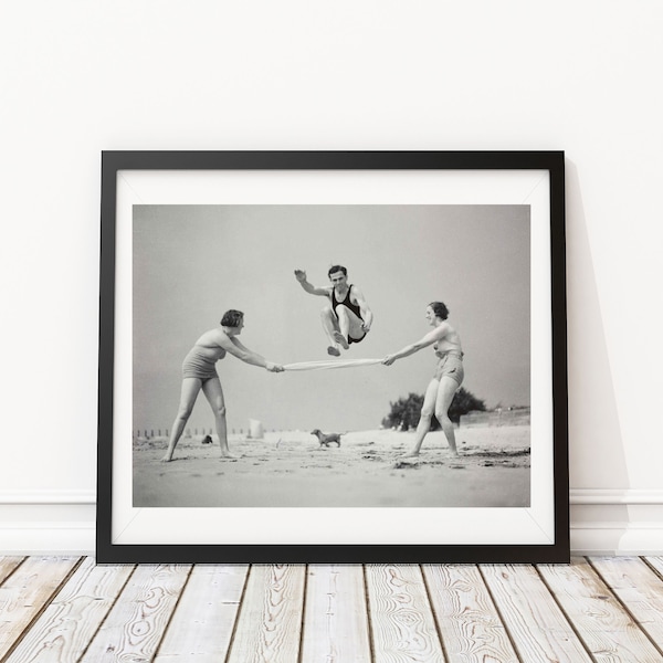 Vintage Photo - 1940's Kis on the Beach Playing - Photography, Black & White, Wall Art, Bar Art, Home Decor, Print, Speakeasy