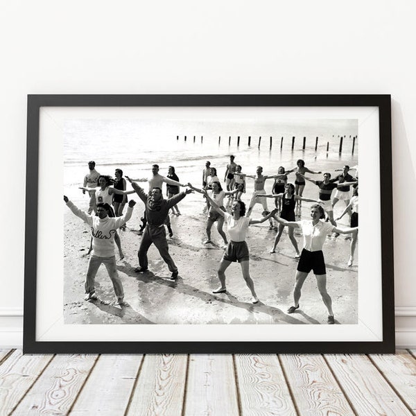 Vintage Photo - 1950's Fitness Workout Class on the Beach - Photography, Black & White, Wall Art, Bar Art, Home Decor, Print, Speakeasy