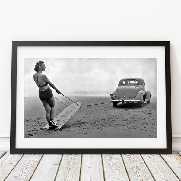 Vintage Photo - 1950's Surfer Women behind VW Volkswagen Bug - Photography, Black & White, Wall Art, Home Decor - Instant Digital Download