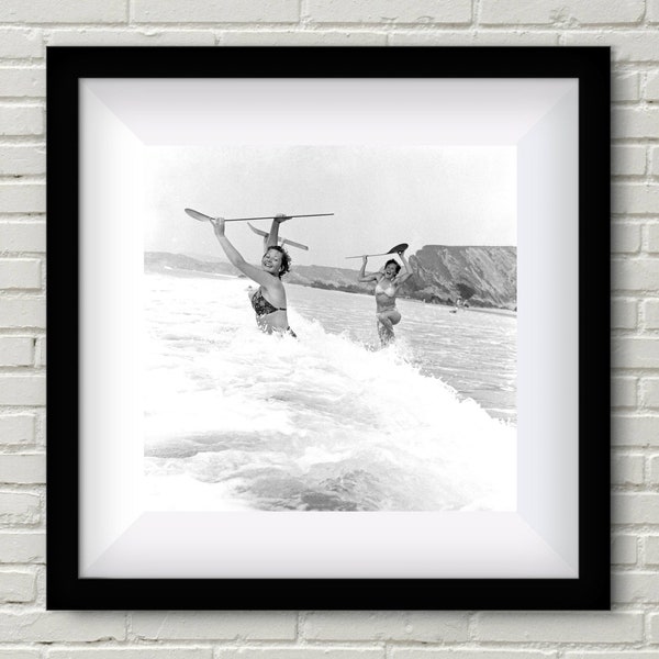 Vintage Photo - Women Surfing Waterski Surf Beach 1960's Fashion - Photography, Black & White, Wall Art, Home Decor, Print