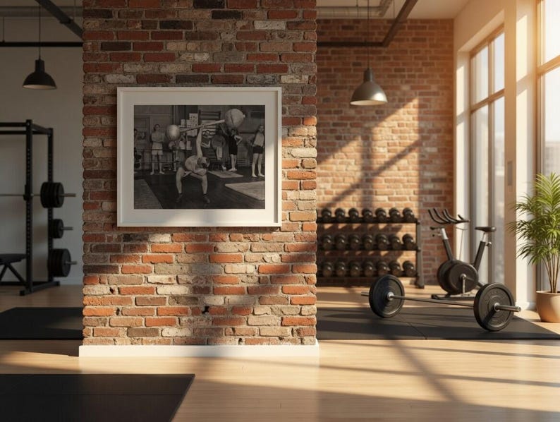 May include: A gym interior with exposed brick walls and hardwood floors. A framed black and white photo hangs on the wall. Exercise equipment includes a weight rack, dumbbells, a stationary bike, and a barbell with weights. A potted plant sits near a large window.