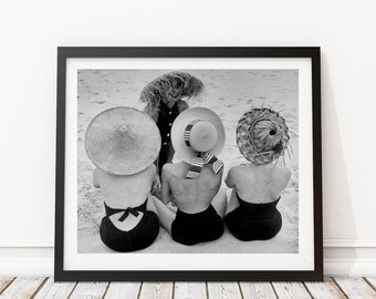 Vintage Photo - 1950's Women's on the Beach Fashion Hats - Photography, Black & White, Wall Art, Home Decor - Instant Digital Download