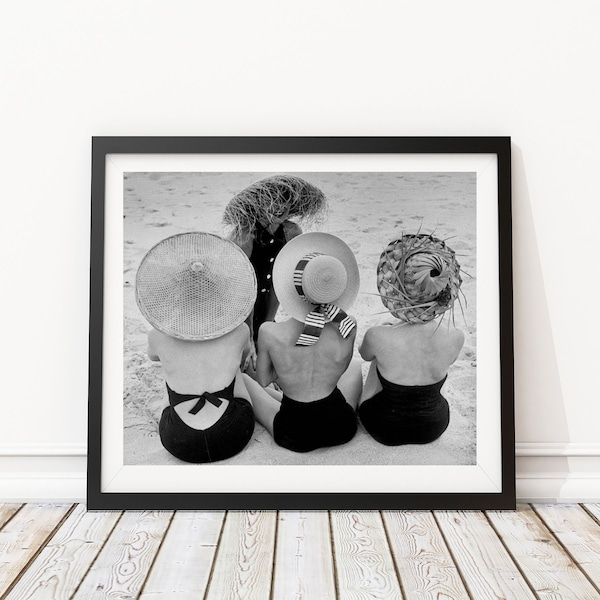 Vintage Photo - 1950's Women's on the Beach Fashion Hats - Photography, Black & White, Wall Art, Home Decor - Instant Digital Download