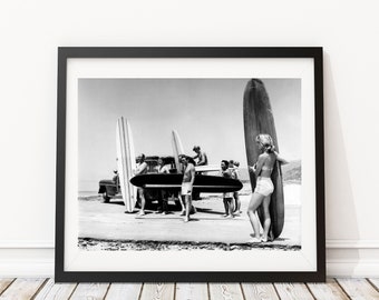 Vintage Photo - Surfer Women Girls Ocean Beach Sand 1960's - Photography, Black & White, Wall Art, Home Decor - Instant Digital Download