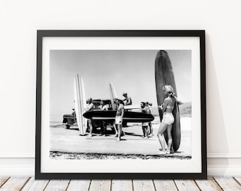 Vintage Photo - Women Surfing on the Beach 1960's Fashion - Photography, Black & White, Wall Art, Home Decor, Print