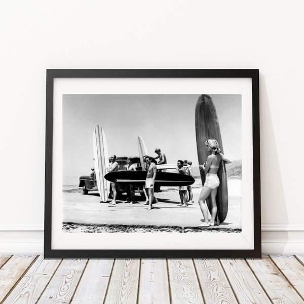 Vintage Photo - Women Surfing on the Beach 1960's Fashion - Photography, Black & White, Wall Art, Home Decor, Print