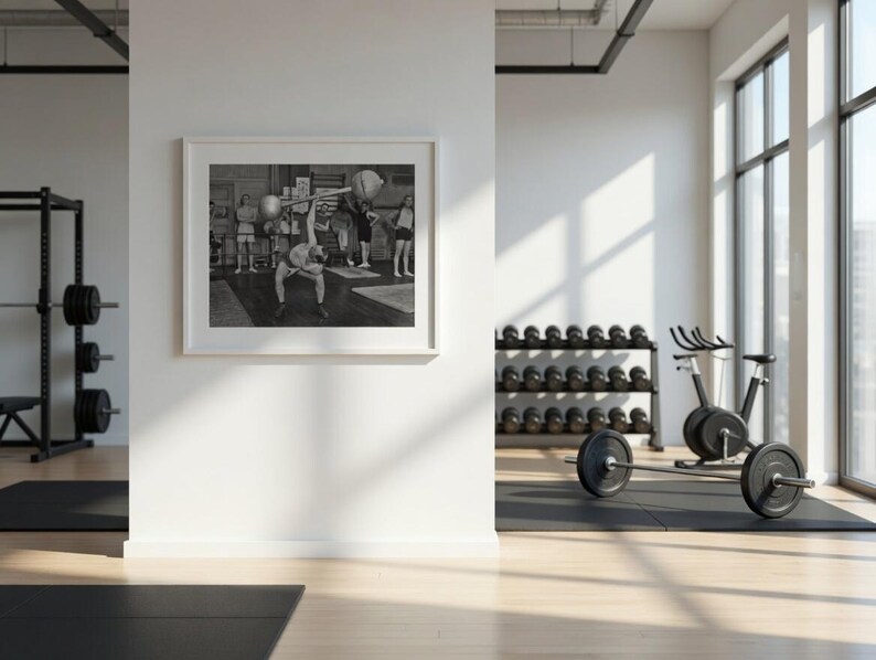May include: A framed black and white print of a weightlifting competition hangs on a white wall in a gym. The gym features weight racks, dumbbells, and a stationary bike. Natural light streams in from large windows, illuminating the space.