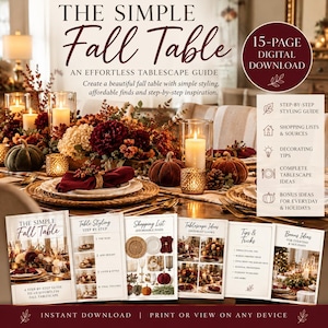 Può includere: Un download digitale di 15 pagine intitolato The Simple Fall Table, una guida per decorare la tavola senza sforzo. Il documento include una guida allo stile passo dopo passo, liste della spesa, consigli e idee.