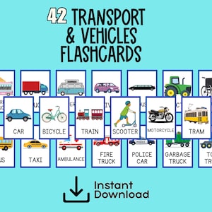 Transporte y vehículos - 42 tarjetas didácticas imprimibles