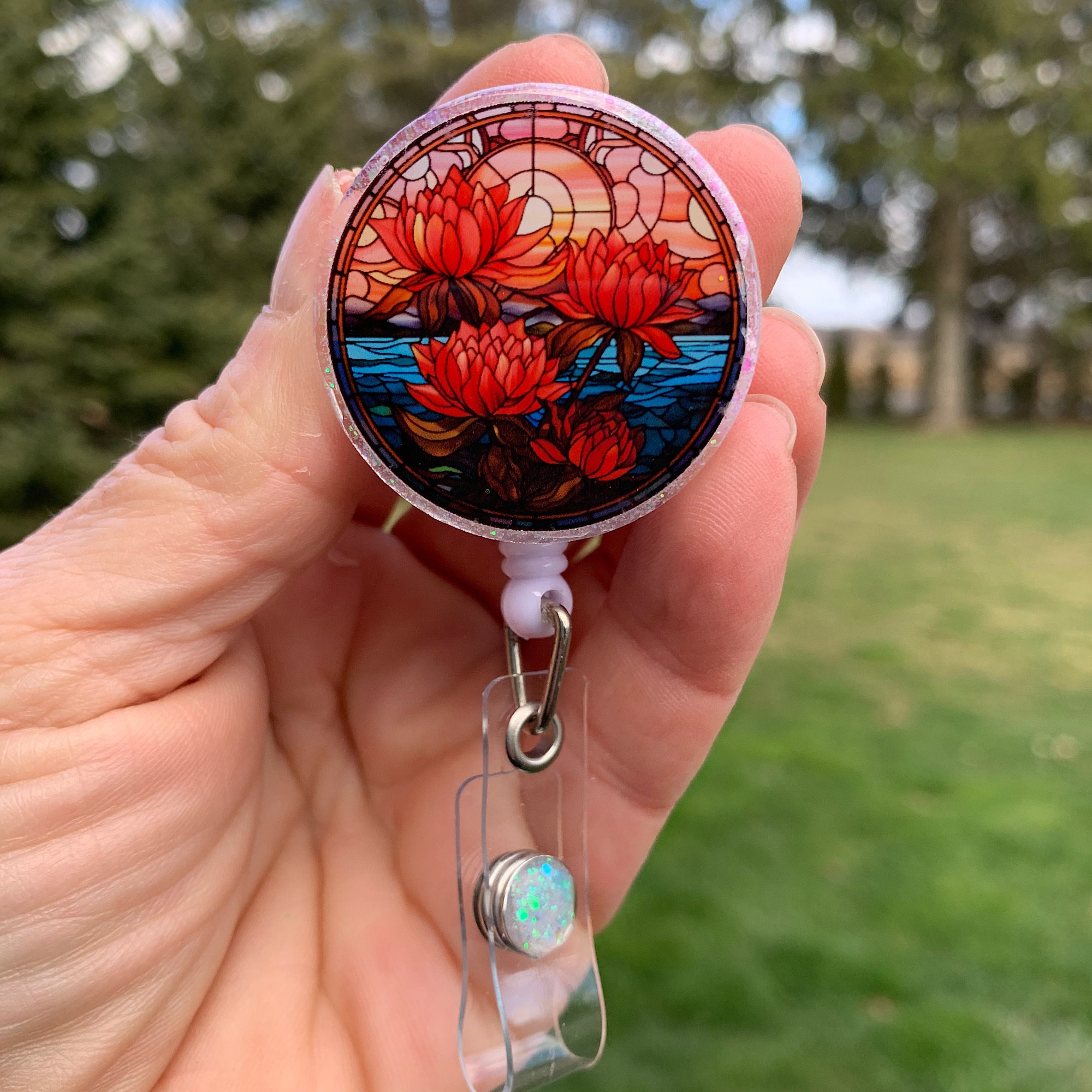 Lotus Stained Glass Badge Reel 