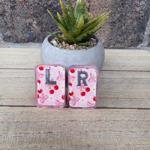 May include: Two rectangular, pink resin items with glitter edges. Each has a cherry and bow pattern, with the letters "L" and "R" in silver. The background features a white floral design. A small potted succulent is in the background.