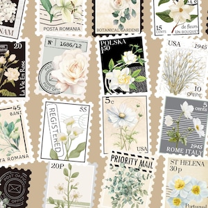 May include: A collection of twenty-five rectangular postage stamps featuring botanical illustrations of flowers and foliage in white, green, and neutral tones. Each stamp includes various text elements, numbers, and postmark designs on a tan background.