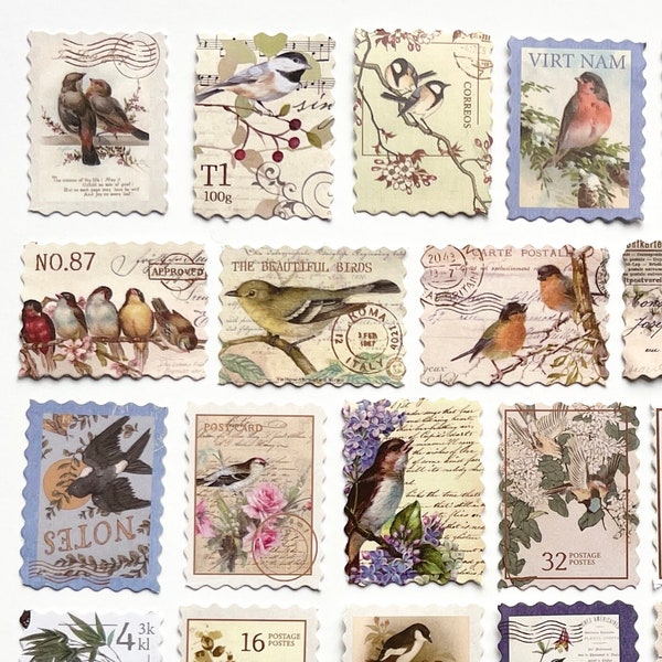 46 Vintage Bird Stamp Stickers - Wonderful Floral Bird Theme Design - NOT POSTAGE - For Crafts, Journals, Scrapbooking!  #0035A