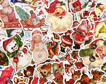 May include: A collection of vintage Christmas stickers featuring a variety of holiday characters, including Santa Claus, snowmen, reindeer, and Christmas trees. The stickers are printed on white paper with colorful illustrations and are perfect for adding a festive touch to your holiday crafts.