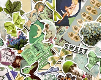 50 Vintage Green Mixed Pattern Stickers - Sweet Boho Fairy Butterfly Bow Girl Sticker - CUTE! Scrapbooking, Phone, Journal Stickers!  #0089B
