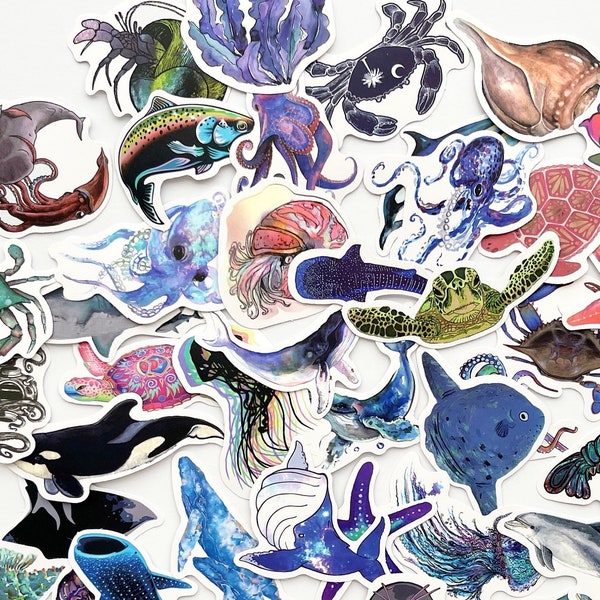 50 Whimsical Ocean Themed Sticker Set - Ocean Watercolor Like Style Stickers - Great for Crafts, Laptop, Phone!  #0010