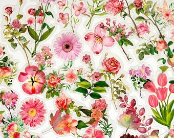 May include: A collection of pink and white floral stickers featuring various flowers, leaves, and other botanical elements. The stickers are perfect for adding a touch of nature to crafts, journals, and other projects.