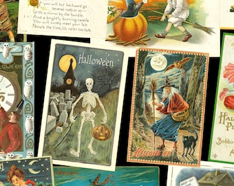 May include: A collection of vintage Halloween postcards. The cards feature illustrations of witches, pumpkins, skeletons, and children in festive scenes. Text includes "Jolly Halloween" and "Halloween Pleasures".