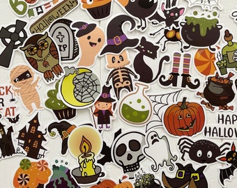 May include: A collection of Halloween-themed stickers featuring various spooky designs. Includes images of ghosts, pumpkins, bats, witches, and the text "Happy Halloween" and "Trick or Treat". The stickers are colorful and suitable for crafts.