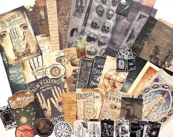 May include: A collection of vintage-style paper ephemera with a spooky, occult theme. The papers feature illustrations of hands, skulls, and other mystical symbols. The text on the papers includes phrases like "The Practice of Palmistry", "Palm Reading", and "Witch Dreams Fortune".