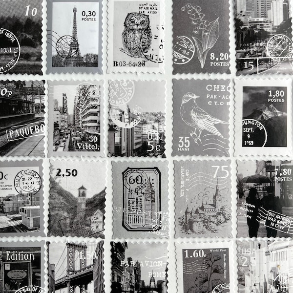 40 Black White Cityscape Stamp Stickers - Smaller City Botanical Animal Theme - NOT POSTAGE - For Crafts, Journal, Scrapbooking! #023C