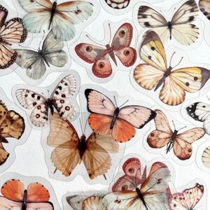 Op de afbeelding: Assortiment van kleurrijke vlinderstickers met verschillende vleugelpatronen en kleuren. De stickers zijn gedrukt op een transparante achtergrond.