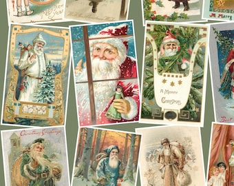 Könnte beinhalten: Eine Sammlung alter Weihnachtspostkarten mit verschiedenen Illustrationen des Weihnachtsmanns in roten, grünen, blauen und braunen Mänteln, zusammen mit Kindern, Tannenbäumen und festlichen Texten wie A Merry Christmas und Christmas Greetings.