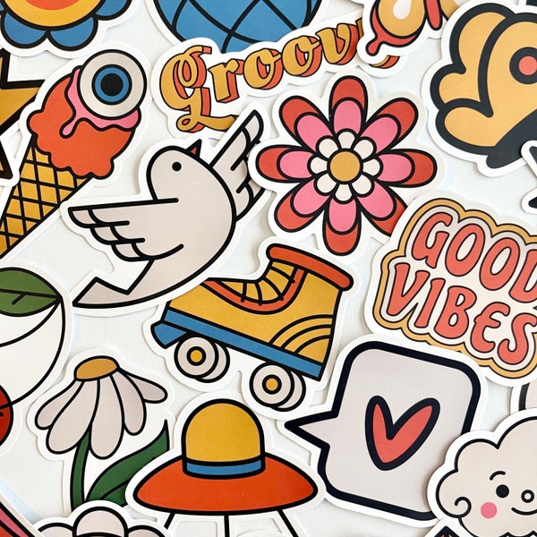 40pcs 80's Retro Cartoon Stickers -  Good Vibes Stickers - Old School Design -  Crafts, Hydro Flask, Laptop, and Phone! So CUTE!  #0066D