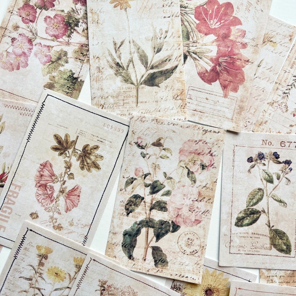 15 Vintage Muted Flower Floral Stickers - Faux Stitched Edge - Weathered Muted Matte Design - Scrapbooking, Junk Journals! Stickers!  #0011