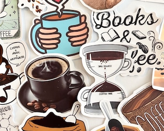 Könnte beinhalten: Eine Sammlung von Kaffee-Illustrationen mit Tassen, Kaffeebohnen und dem Text "Bücher & Kaffee".