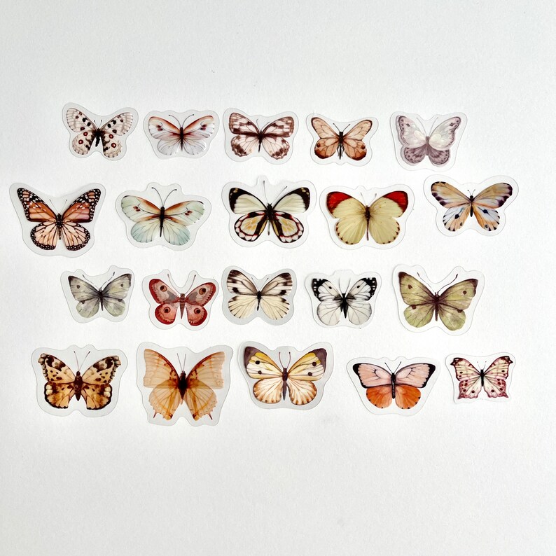 Op de afbeelding: Een verzameling van 19 vlinderstickers met verschillende kleuren en patronen, waaronder bruin, wit en zwart. De stickers zijn gerangschikt in een rasterpatroon op een witte achtergrond.