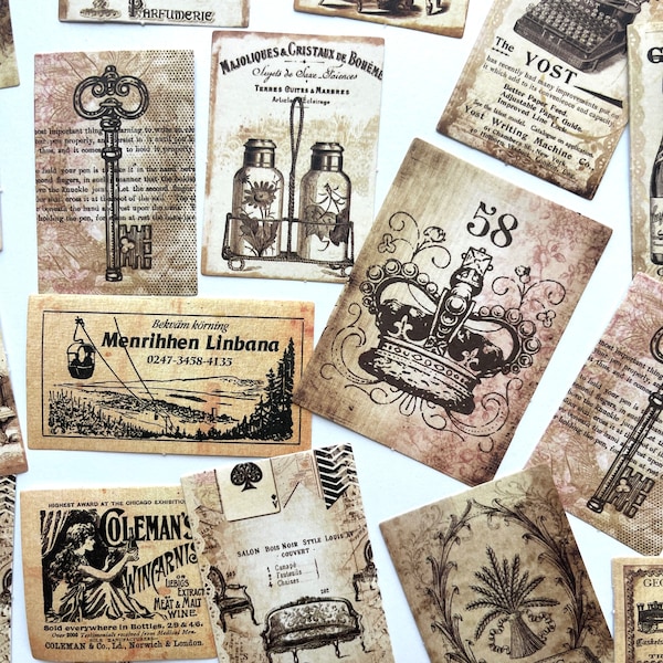 30pcs Coffee Stained Former Days Object Stickers - Vintage Crown Key Typewriter Old World - DIY Scrapbooking, Junk Journal, Planners!  #0300