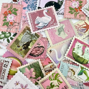 50 Vintage Pink Postage Stamp Stickers - Floral, Butterfly, Cottagecore Ephemera for Junk Journals and Scrapbooking! #139A