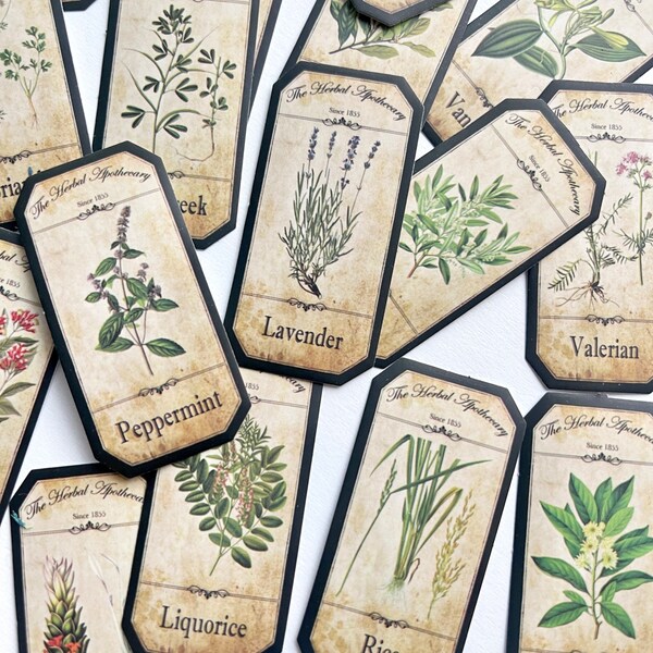 20 Vintage Mini Herb Botanical Tag Stickers - Beautiful Garden Spice Tag Sticker - See Size Info- Junk Journals, Scrapbooking! #0146