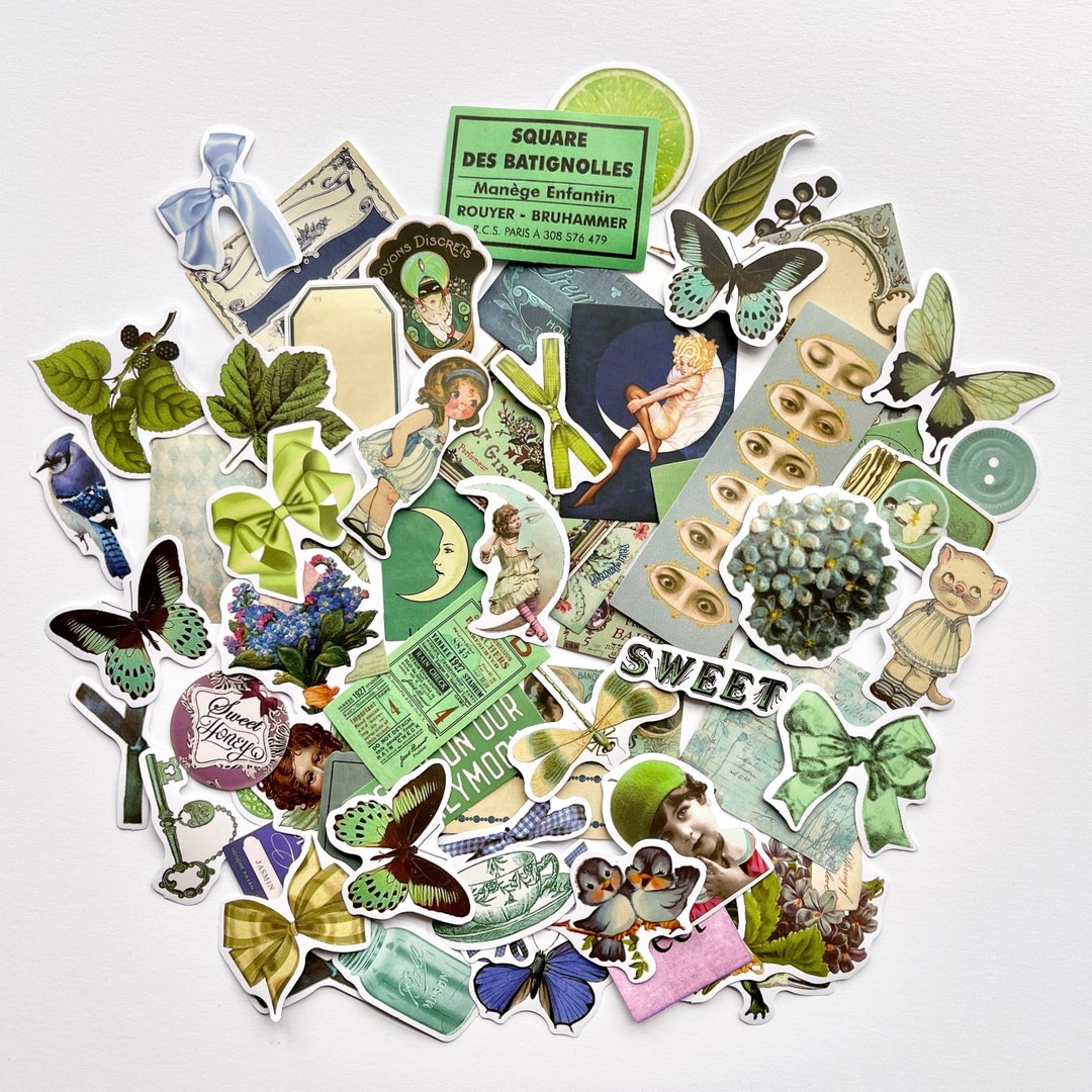 50 Vintage Green Mixed Pattern Stickers - Sweet Boho Fairy Butterfly ...