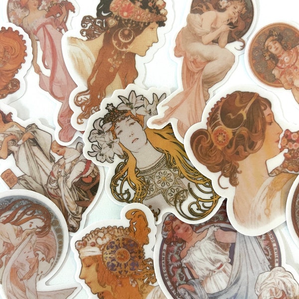 19 Mucha Print Stickers - Art Nouveau Boho Stickers - Faded Muted Flat Finish - Crafts, Scrapbooking, and Journals! BEAUTIFUL!  # 0049