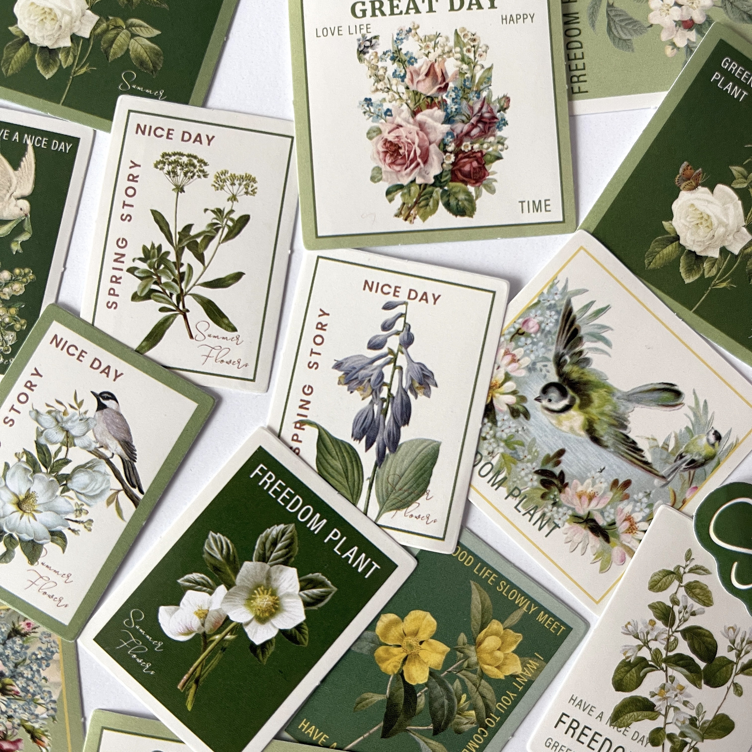 40 Vintage Green Flower Stamp Stickers - Floral Bird Stamp Sticker - Colorful Botanical NOT POSTAGE - Scrapbooking, Journal Stickers!  #0D18