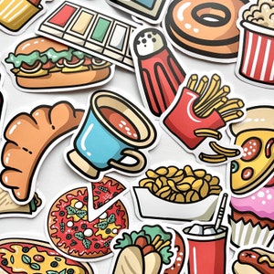 40 Retro Cartoon Food Themed Stickers - Hamburger Fries Food Stickers - So Colorful! Great for Crafts, Hydro Flask, Phone, or Laptop! #0013B