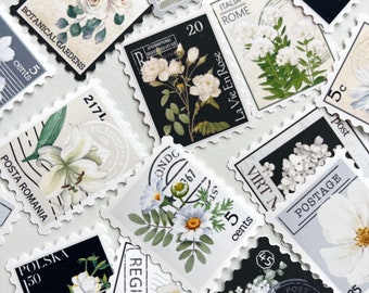 25 Floral Black White Stamp Design Stickers- Vintage Flower Botanical Designs - NOT POSTAGE - For Crafts, Scrapbooking, Journals!  #035B