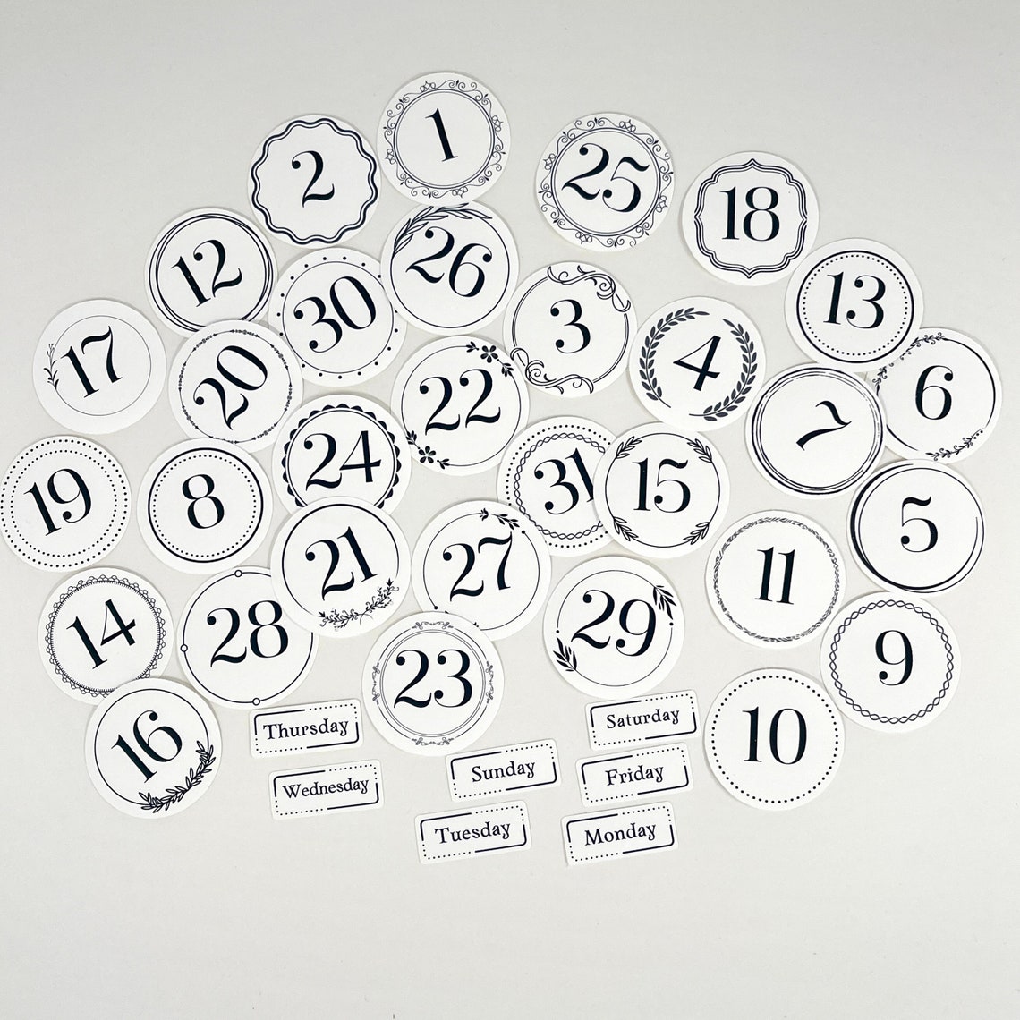Classic Round Calendar Number Labels, Black and White Stickers, for ...