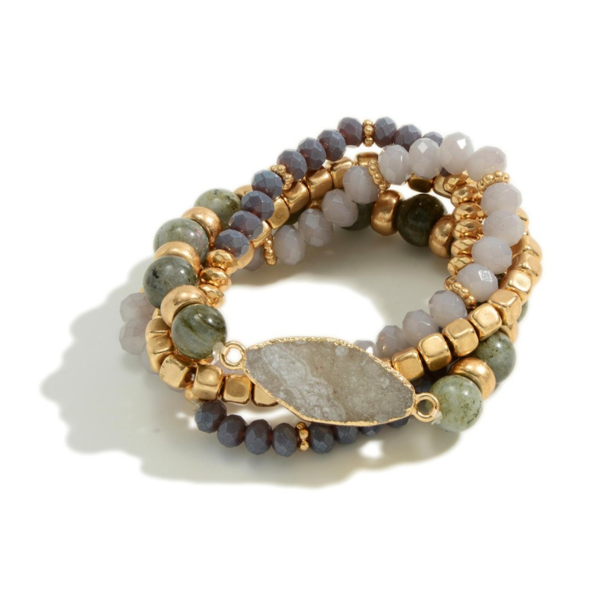 Large Druzy Accent Metal Gold Tone Amazing Glass Beads Set of Four Beaded Stretch Bracelets Precious Natural Stone